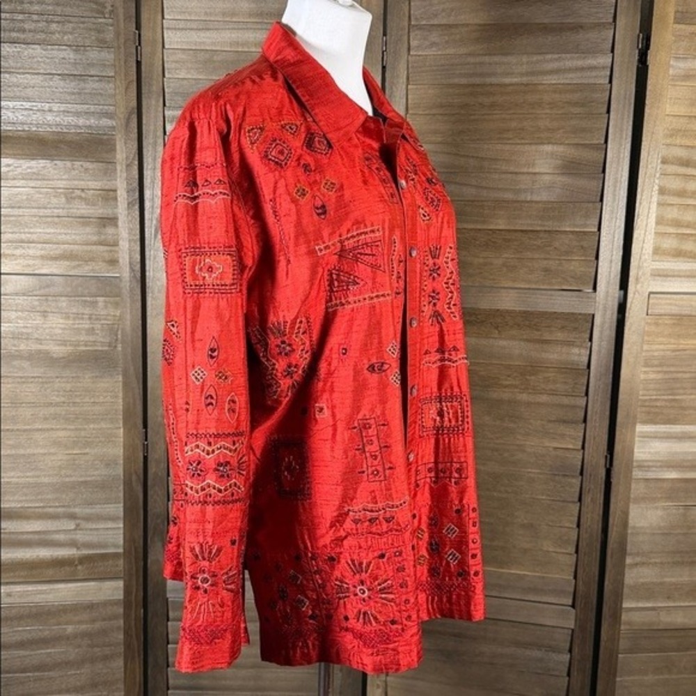 Chicos Design Red Silk Embroidered Beaded Button Down‎ Shirt Womens Size 3 Large - Picture 6 of 9